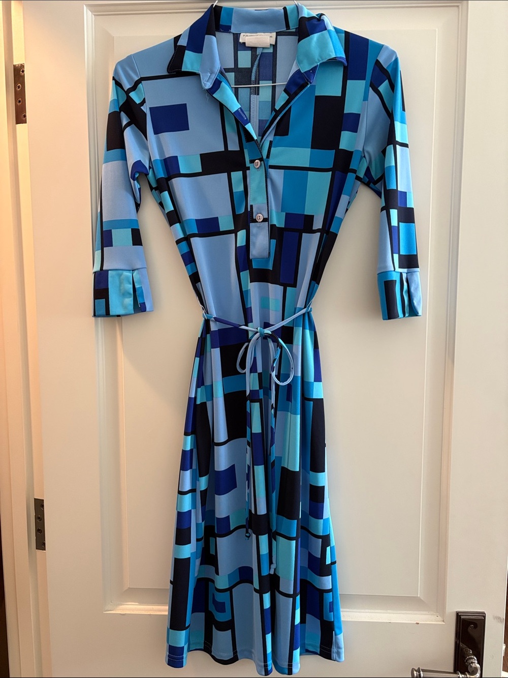 Retro Blue Geometric Shirt Dress
